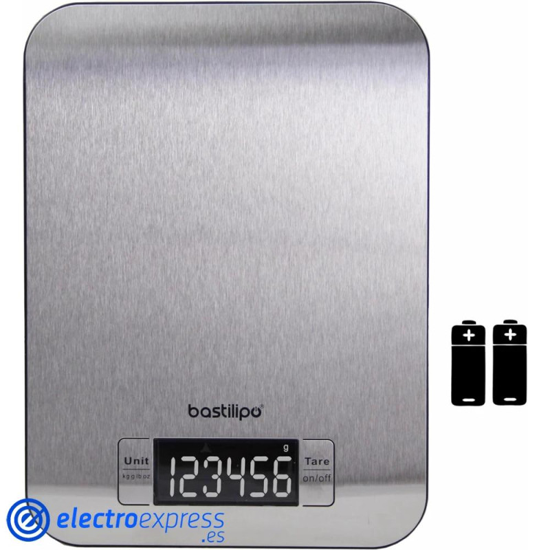 BASCULA COCINA BASTILIPO SCA5K INOX MAXIMO 5KG GRADUACION 1GR PANTALLA LCD INCLUYE PILAS