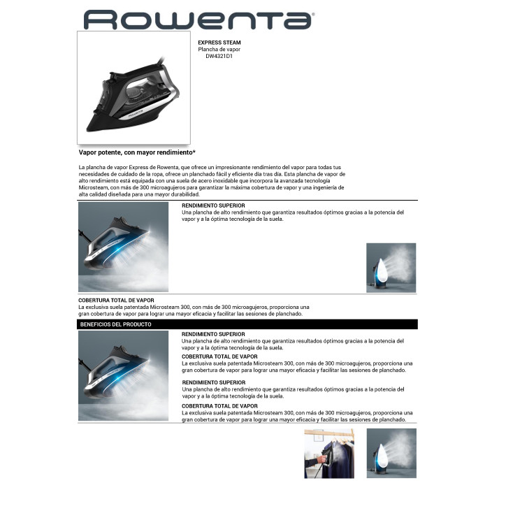 PLANCHA ROWENTA DW4321D1 2500WATIOS STEAM IRONS AUTOSTEAM GOLPE DE VAPOR 150GMIN VAPOR VERTICAL