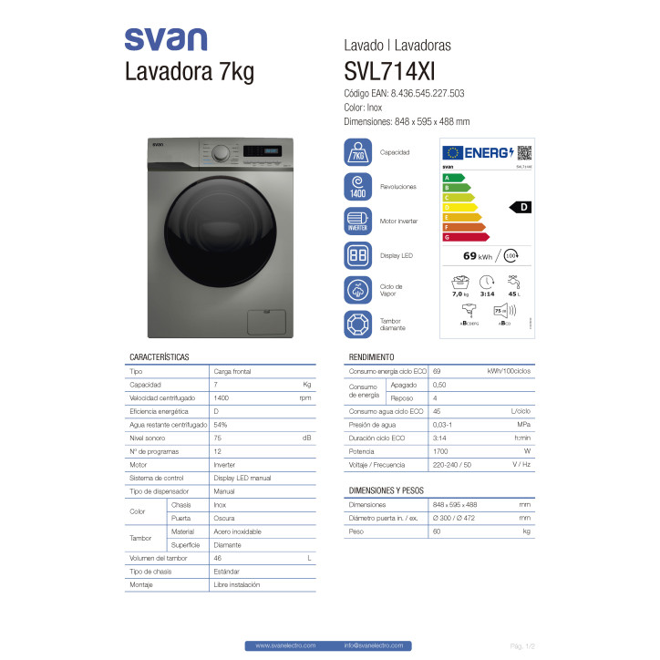 LAVADORA SVAN SL7200FDX INOX 7KG 1400RPM AF DISPLAY LED