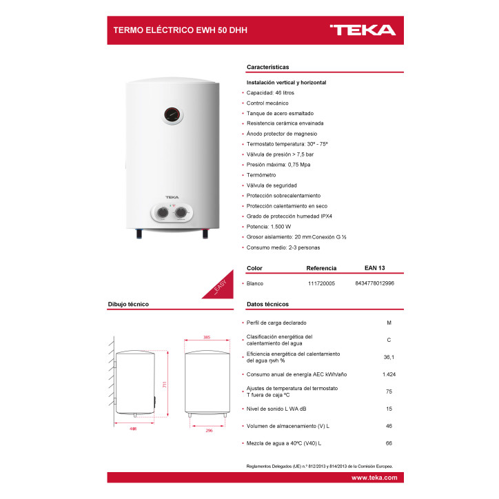 TERMO TEKA EWH 50 DHH 50LITROS VERTICALHORIZONTAL