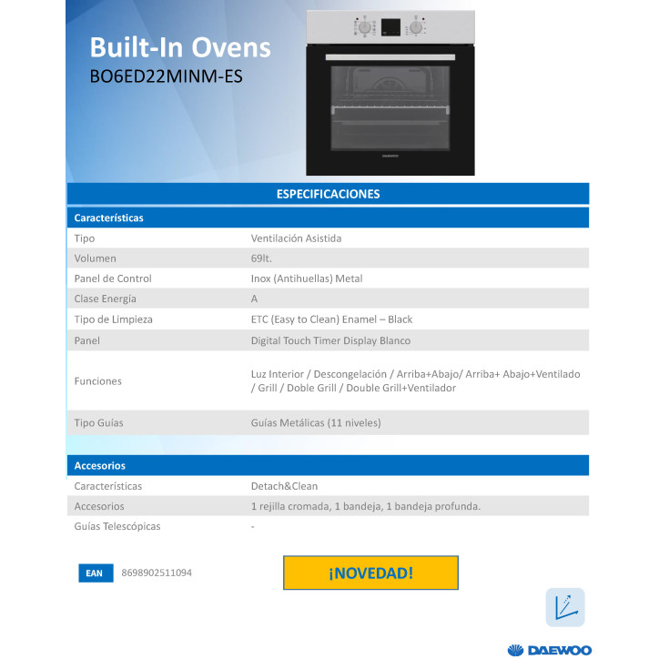 HORNO INDEPENDIENTE DAEWOO B06ED22MXNMES INOXIDABLE MULTIFUNCION CLASE A