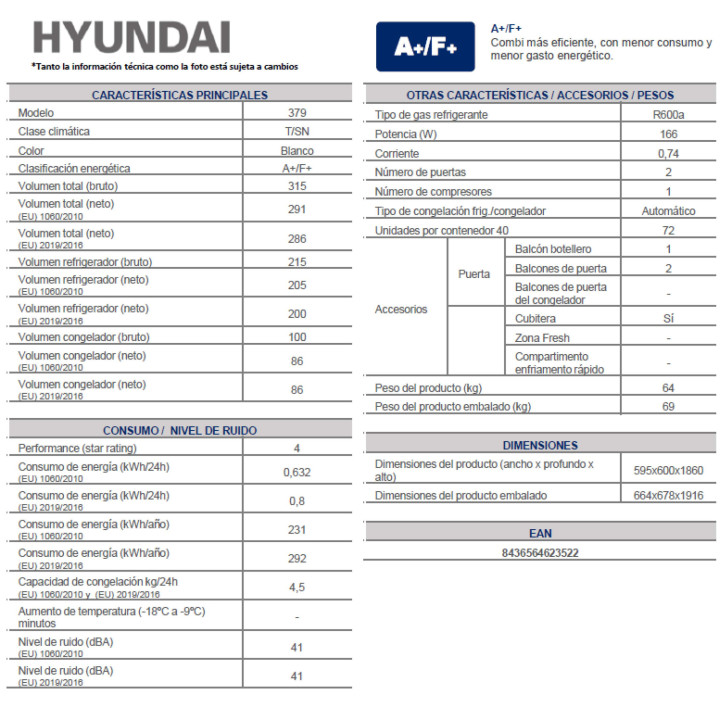 COMBI HYUNDAI HC188600ENFD 188X60 BLANCO NO FROST DISPLAY LED