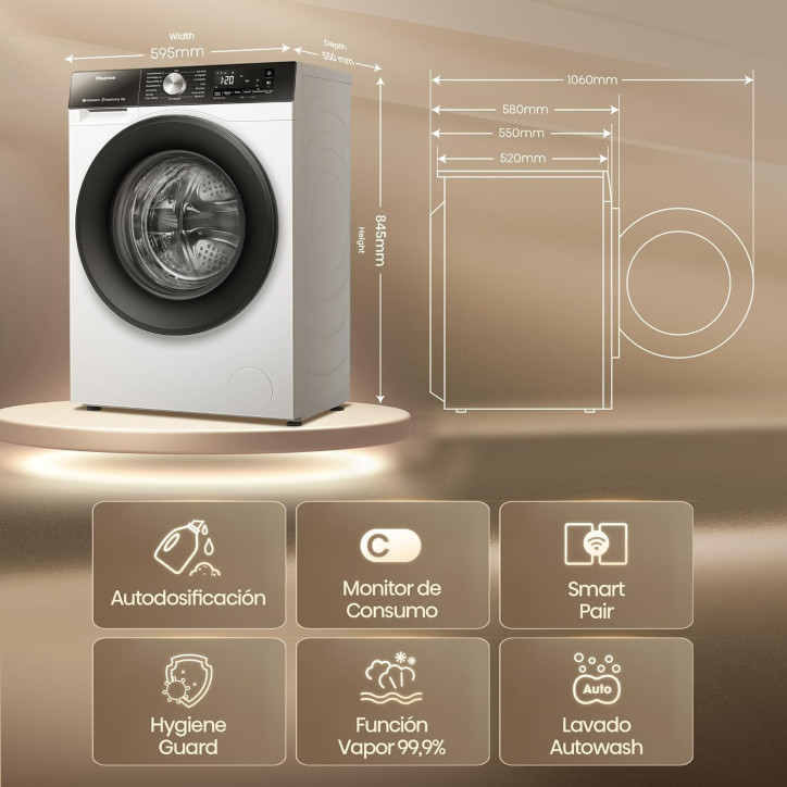 LAVADORA HISENSE WF3S9043BW3 9KG 1400RPM CLASE  A  FUNCION VAPOR