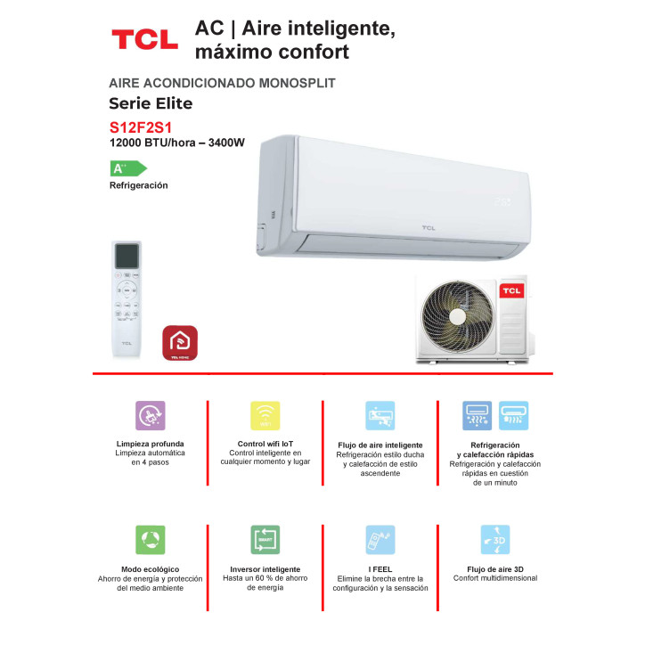 SPLIT TCL S12F2S1 3000FRIG ELITE A 12K WIFI INTEGRADO
