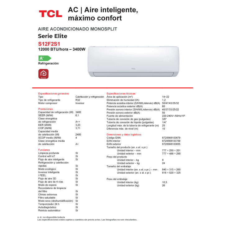 SPLIT TCL S12F2S1 3000FRIG ELITE A 12K WIFI INTEGRADO